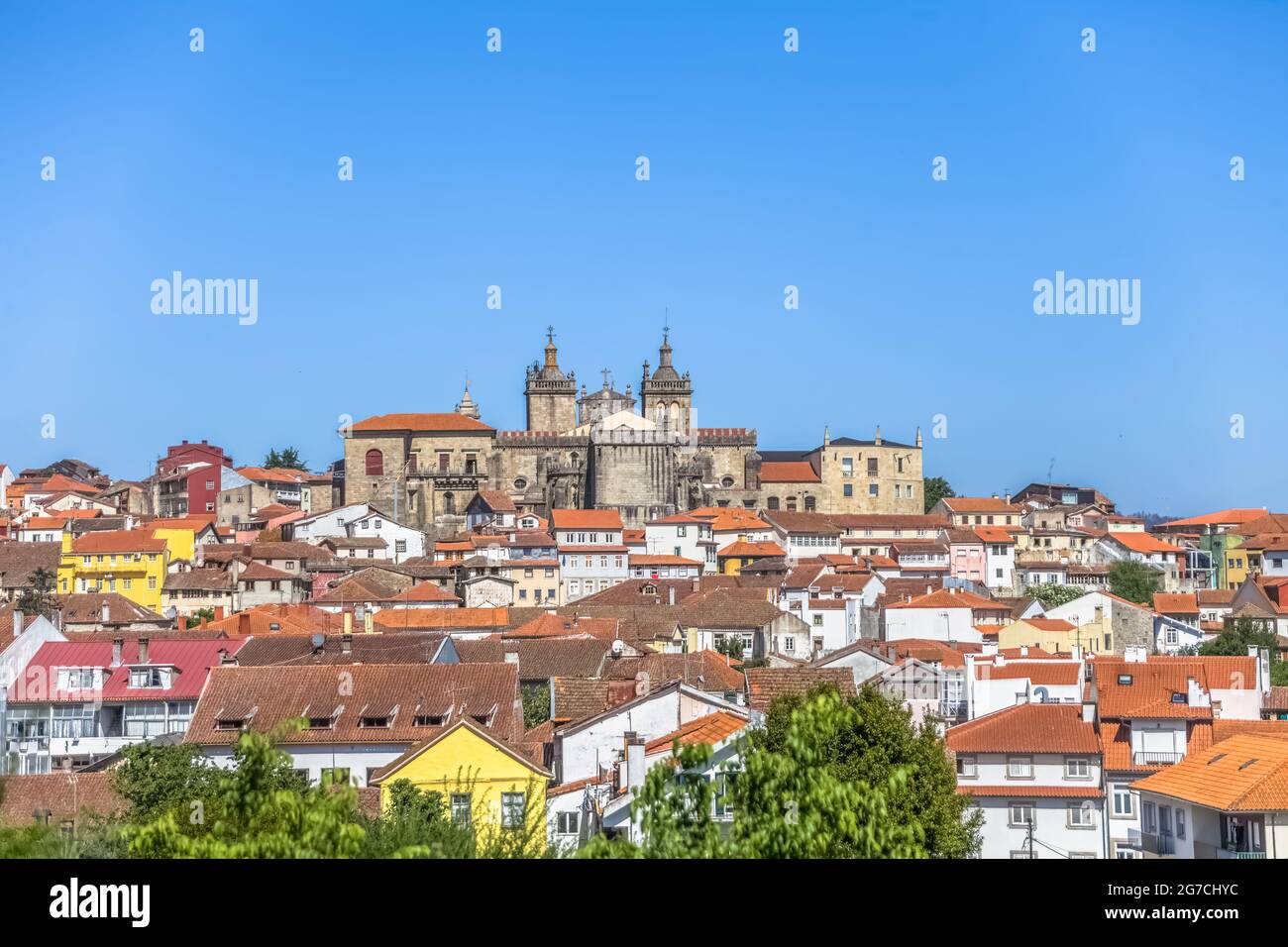 Viseu / Portugal - 05/08/2021 : View at the Viseu city, with Cathedral of Viseu on top, Se Cathedral de Viseu, architectural icons of the city Stock Photo