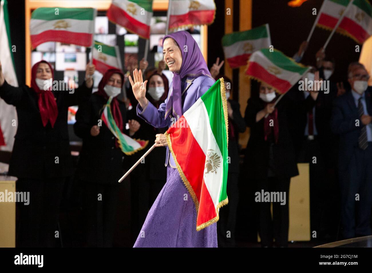 Maryam Rajavi, Ashraf-3, Albania, 12/07/2021 - Maryam Rajavi, President-elect of National Council of Resistance of Iran (NCRI), waving the Iranian flag, on the third day of the Free Iran World Summit on July 11, 2021 in Ashraf 3 near Tirana., Albania. The third day of the Summit featured former prime ministers of Italy, Belgium, Sweden, Ireland, and Romania, AG Michael Mukasey, Amb. John Bolton, Mayor Rudy Giuliani, Senator Robert Torricelli, Directors Louis Freeh and James Woolsey and many others. (Photo by Siavosh Hosseini/Pacific Press) Stock Photo
