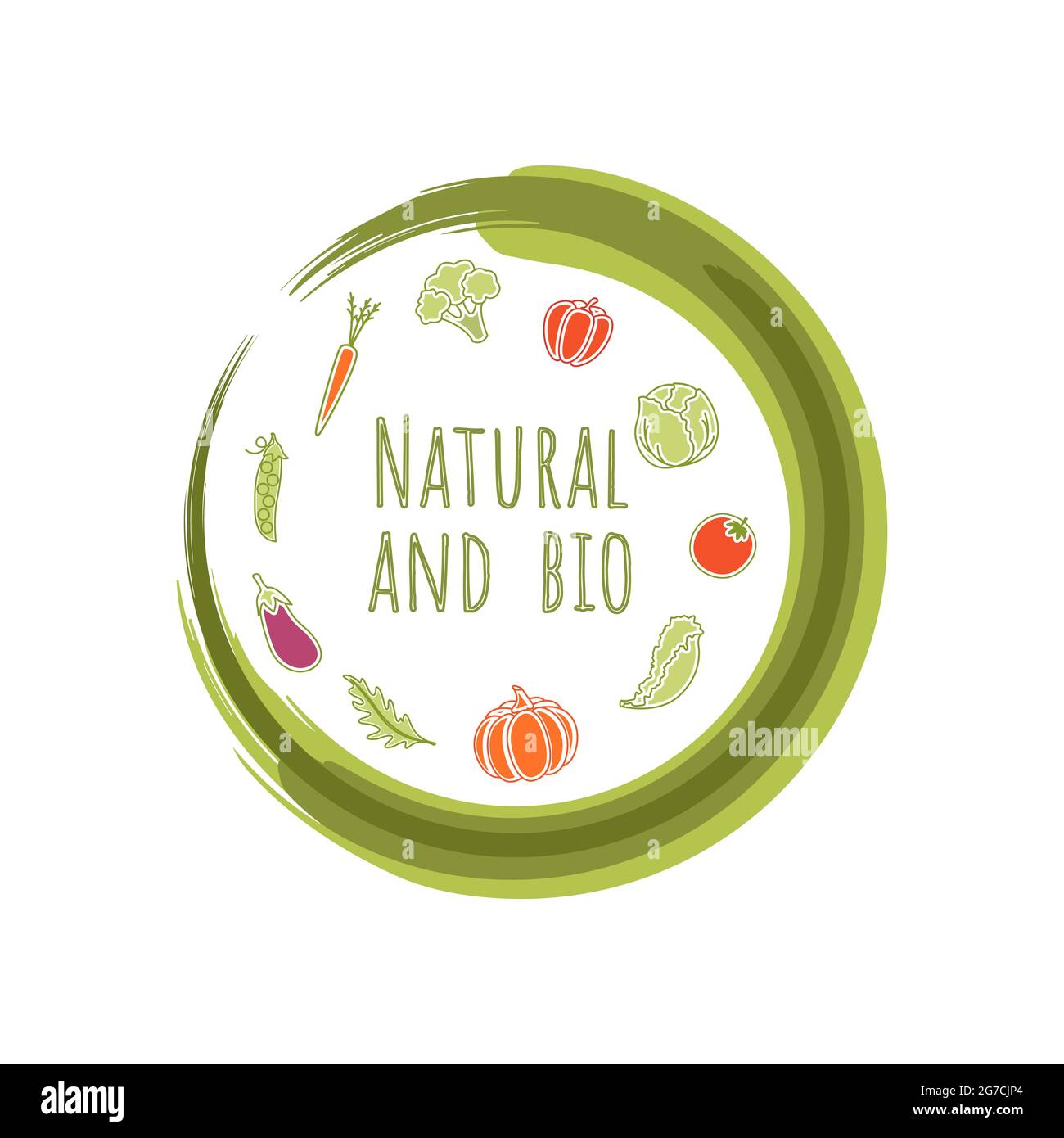 Natural and bio product, environmentally friendly, vegan, healthy food. Round sign, logo, vector authors brush. Vector illustration Stock Vector