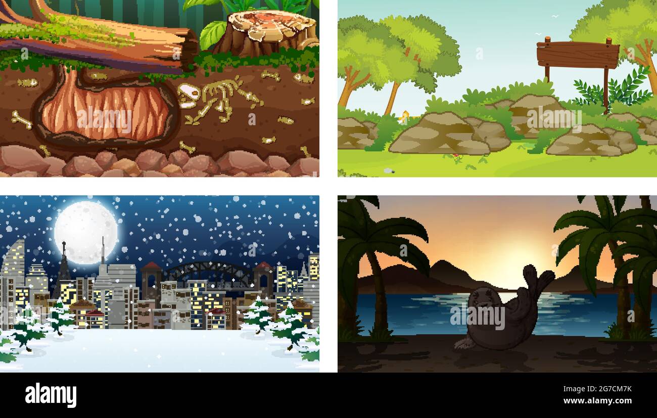 Four different nature horizontal scene  illustration Stock Vector