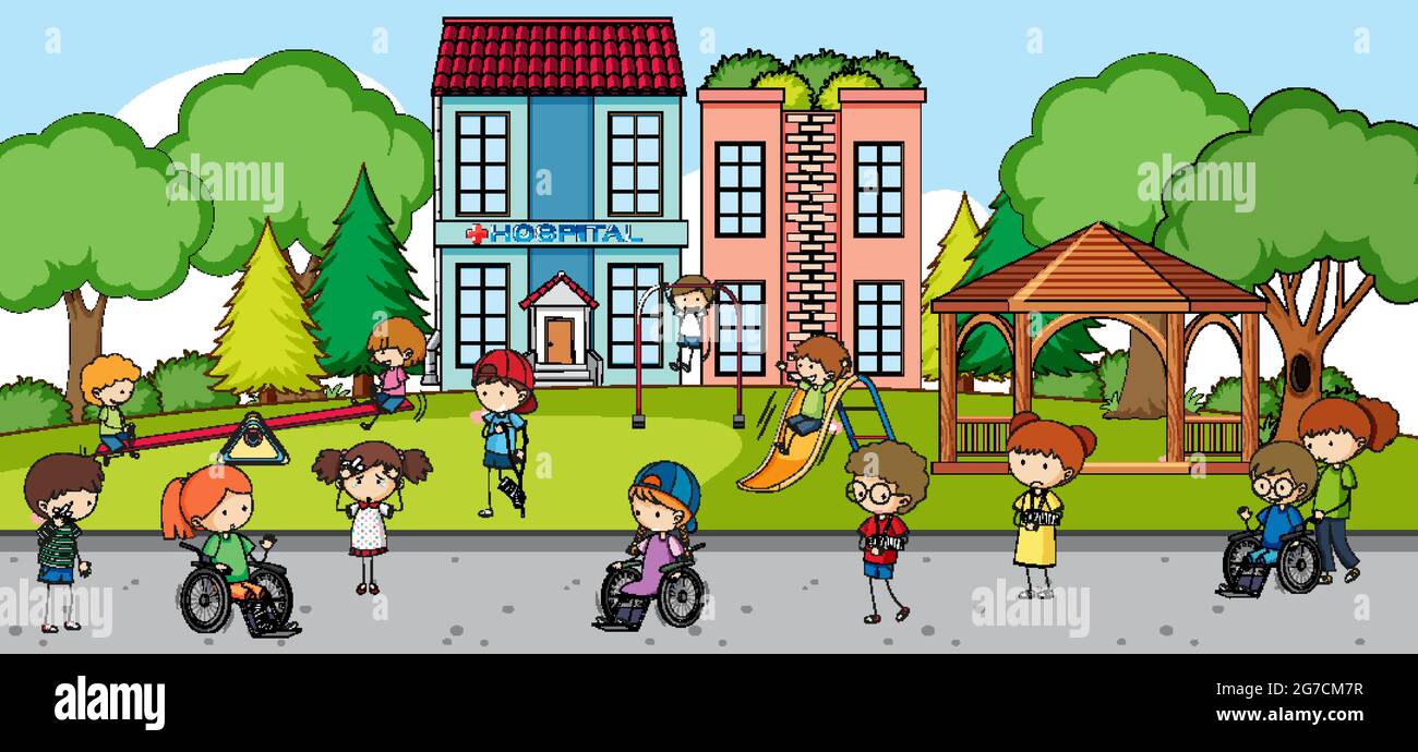 Outdoor scene with many kids playing in the park illustration Stock ...