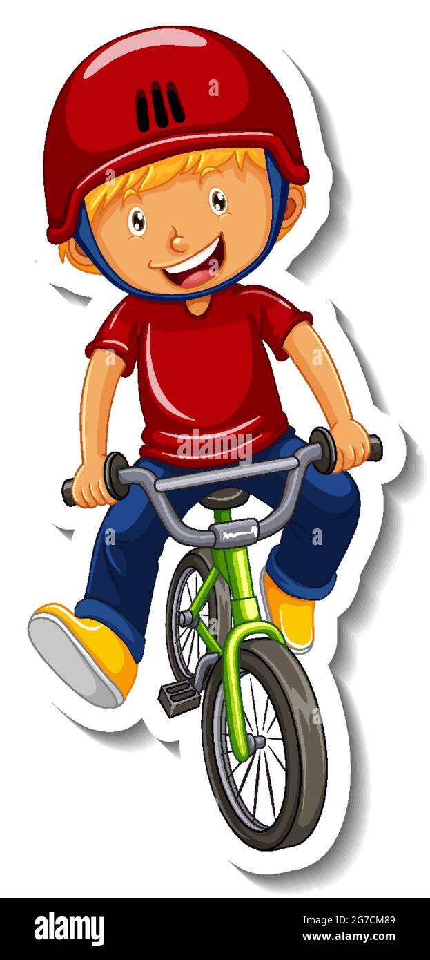 Sticker template with a boy rides a bicycle cartoon character isolated