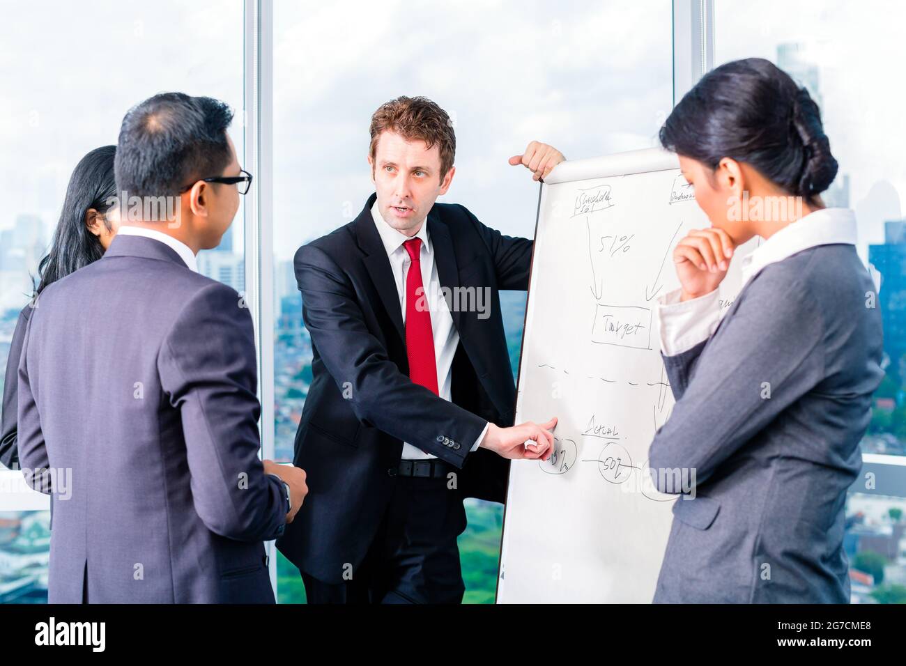 Asian Businesspeople looking at flipchart Stock Photo