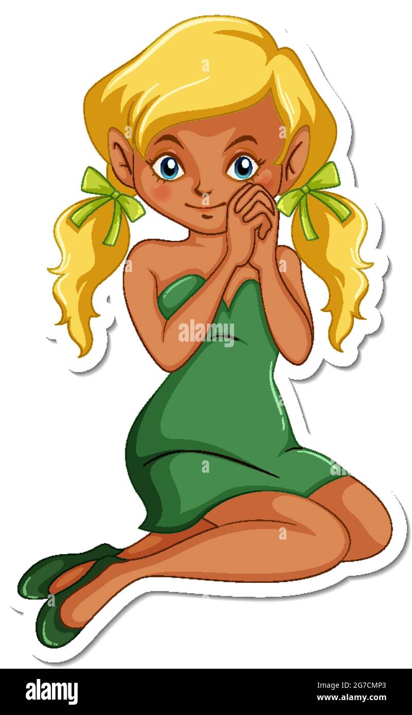 Beautiful fairy in green dress cartoon character sticker illustration