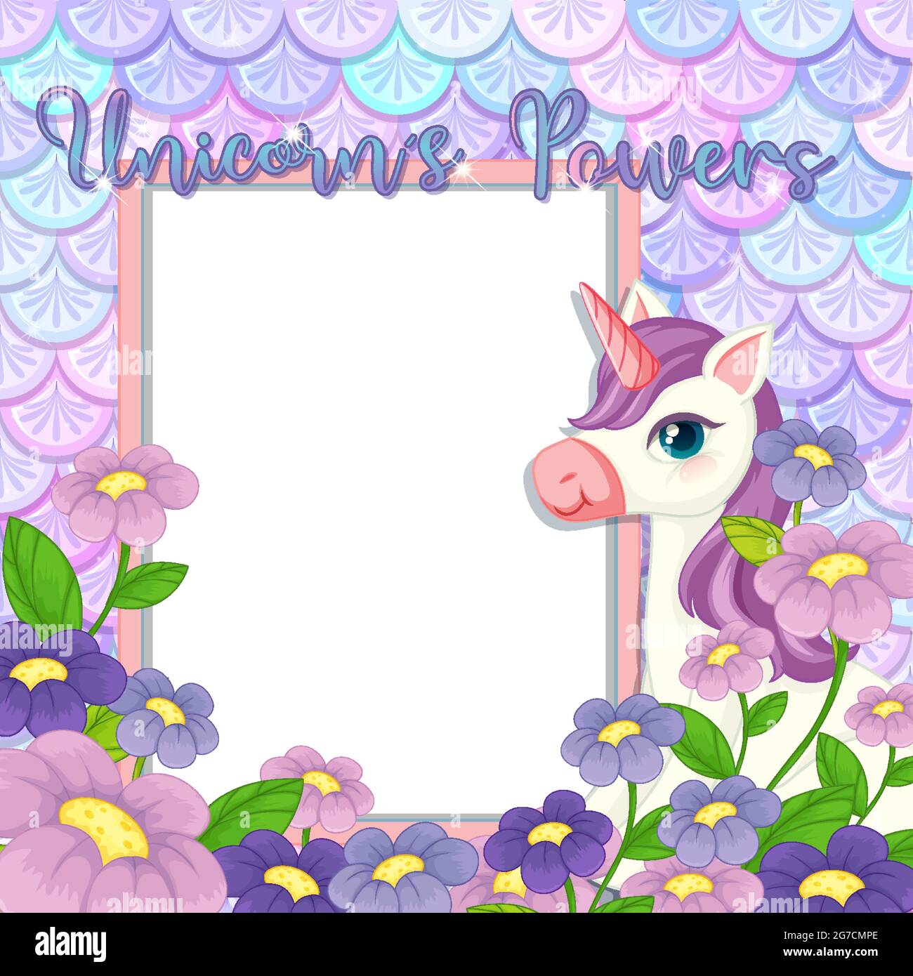 Empty banner with cute unicorn cartoon character on pastel mermaid scales  illustration Stock Vector Image & Art - Alamy