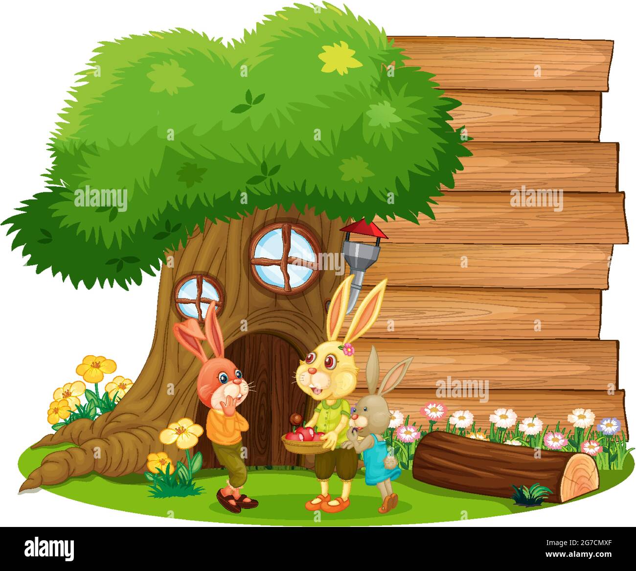 Blank wooden banner in the garden with cute rabbits isolated illustration Stock Vector