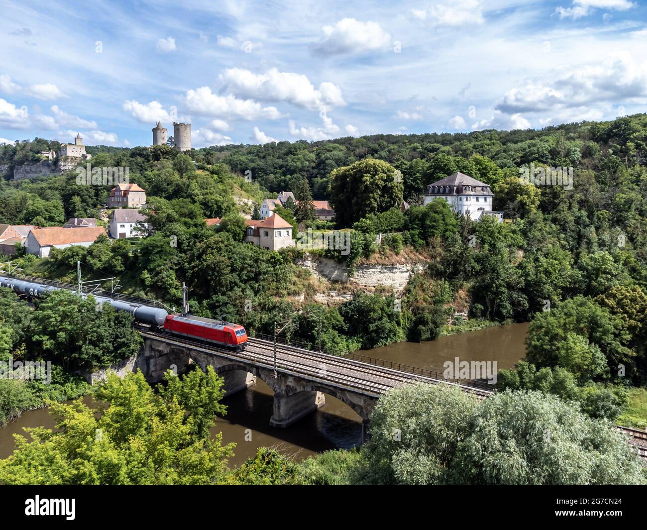 View of the Rudelsburg and Saaleck Castle with the railway Stock Photo