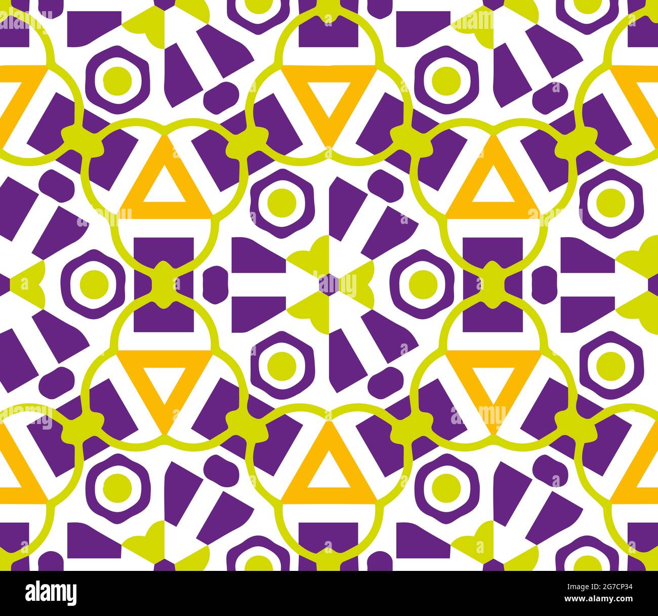 Vector fabric seamless pattern. Geometric texture background.Mosaic Style. Colorful creative collage pattern. Purple, light green, orange color. Stock Vector