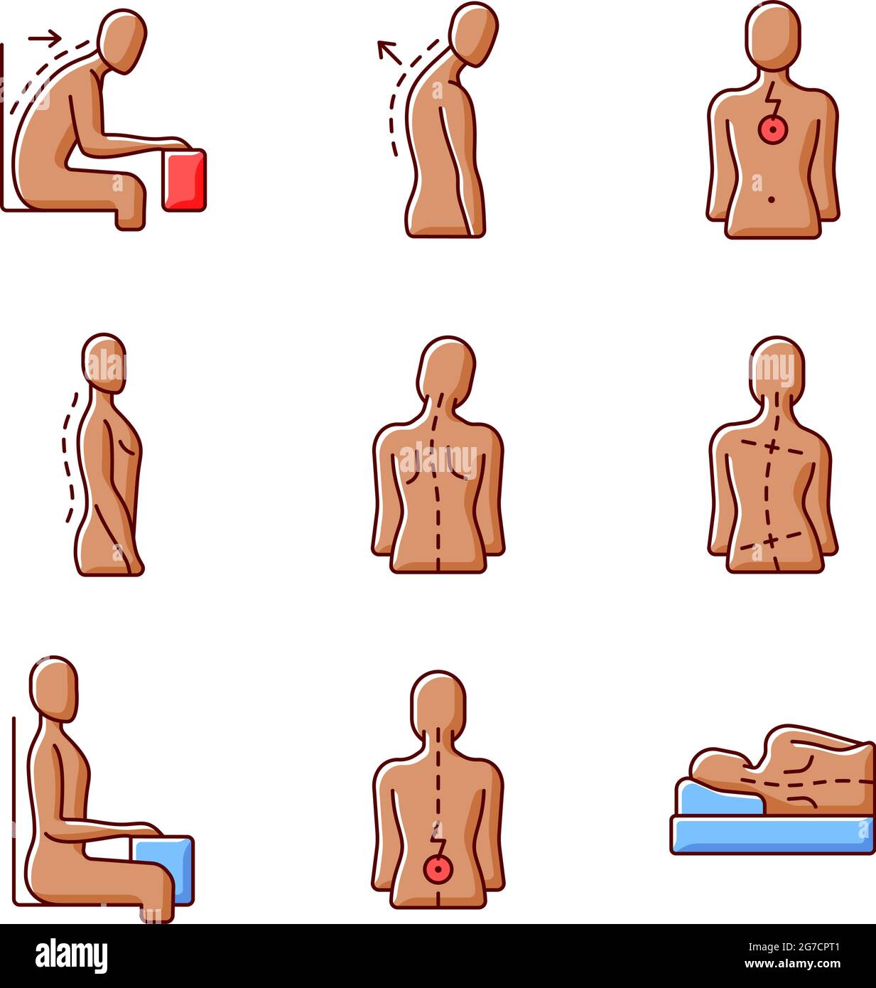 Back and posture problems RGB color icons set Stock Vector
