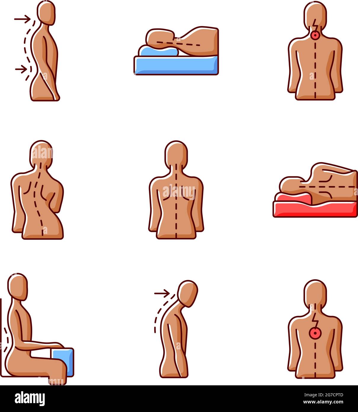 Back and posture problems RGB color icons set Stock Vector