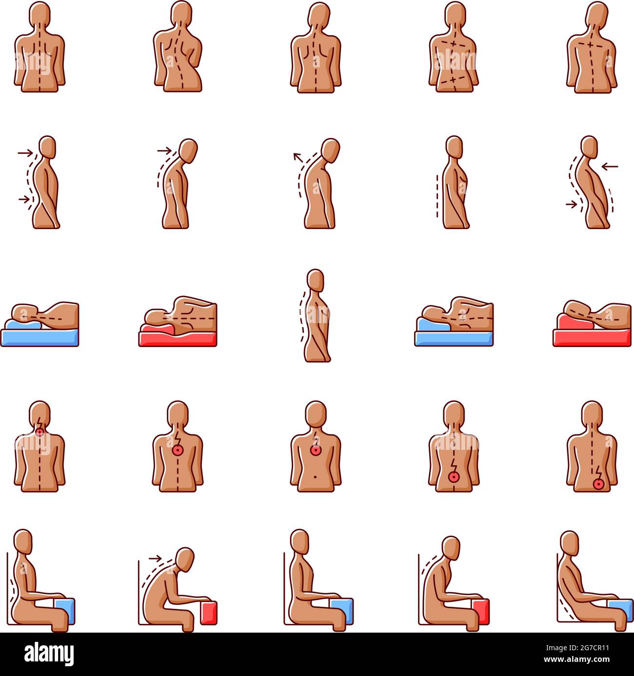 Back and posture problems RGB color icons set Stock Vector