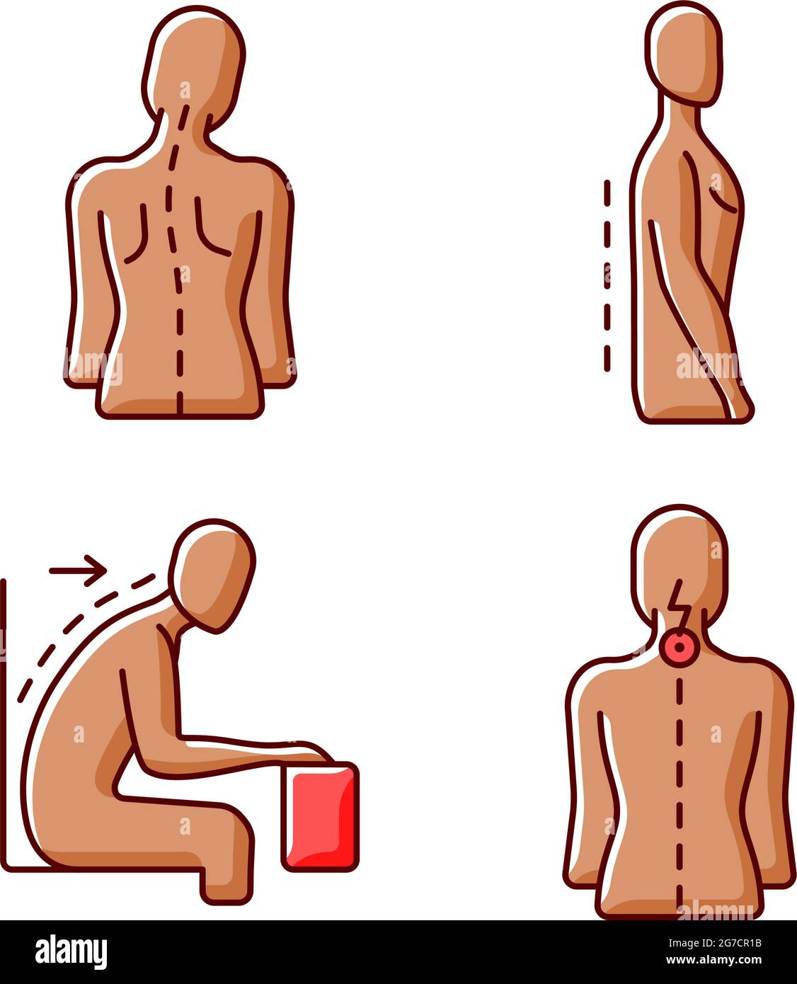 Bad posture problems RGB color icons set Stock Vector