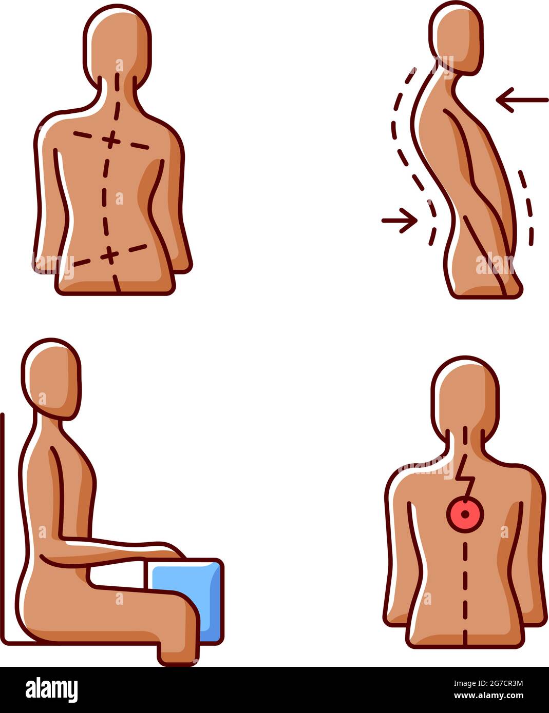 Bad posture problems RGB color icons set Stock Vector