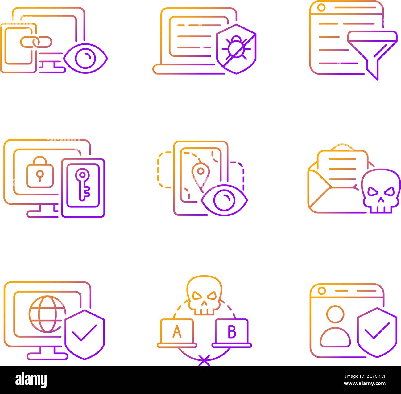 Internet surveillance gradient linear vector icons set Stock Vector