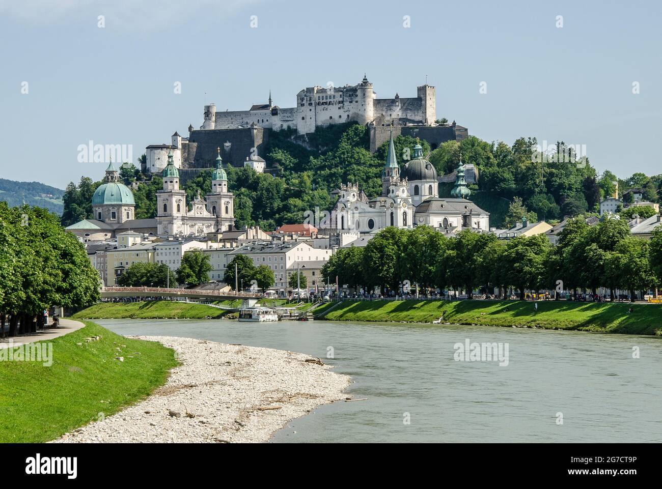 The cityscape of Salzburg as seen from the Salzach River Stock Photo