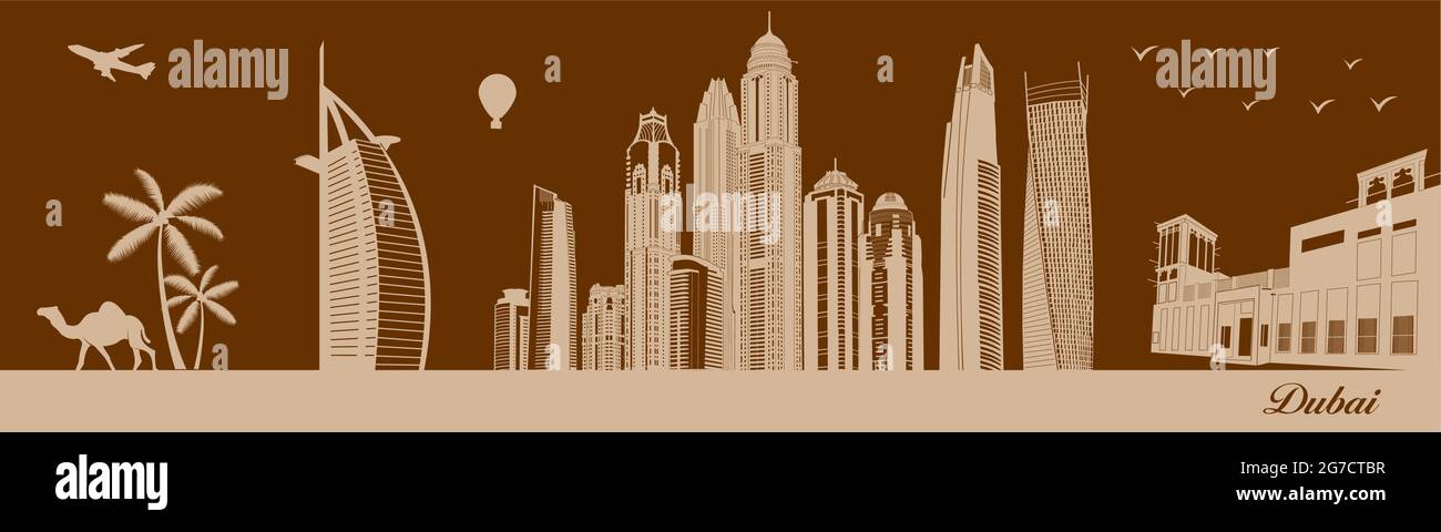 Vector city skyline silhouette - illustration,  Town in walnut background,  Dubai uae Stock Vector