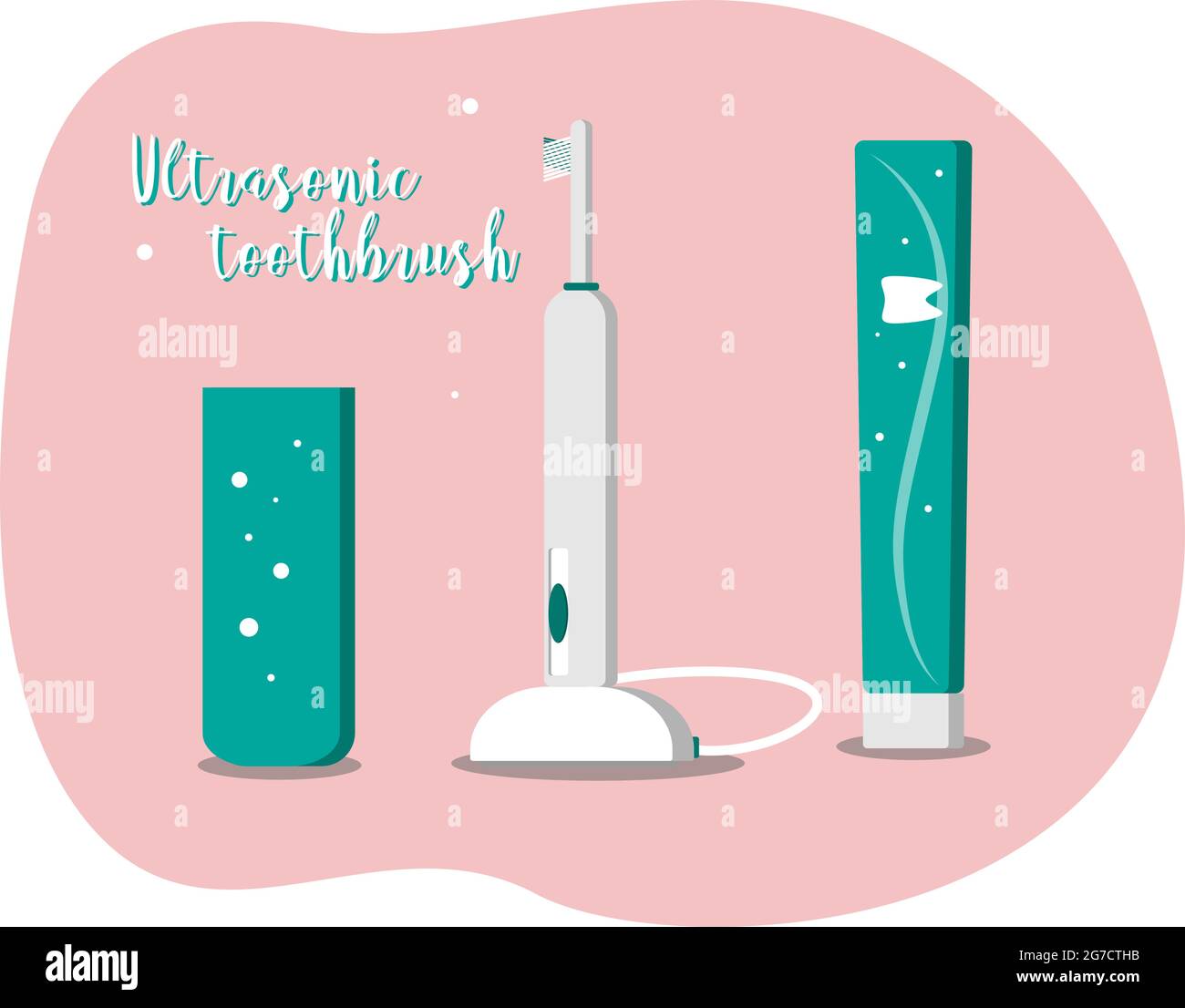 Ultrasonic toothbrush set with toothpaste and mouthwash cup, electric brush, teeth cleaning tools, dentistry. Stock Vector
