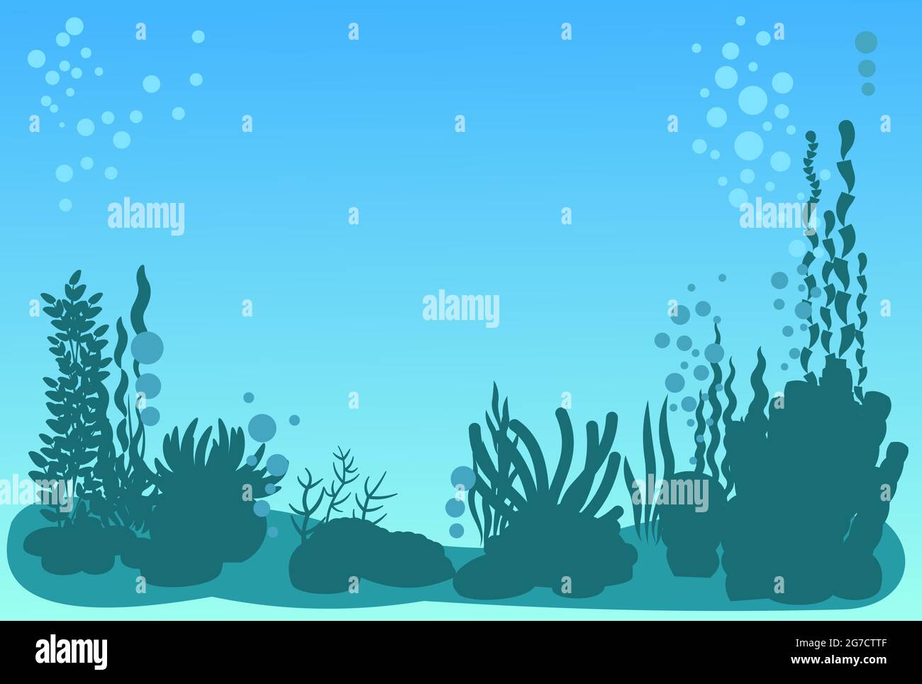 Bottom of reservoir with fish. Silhouette. Blue water. Sea ocean. Underwater landscape with plants, algae and corals. Illustration in cartoon style Stock Vector