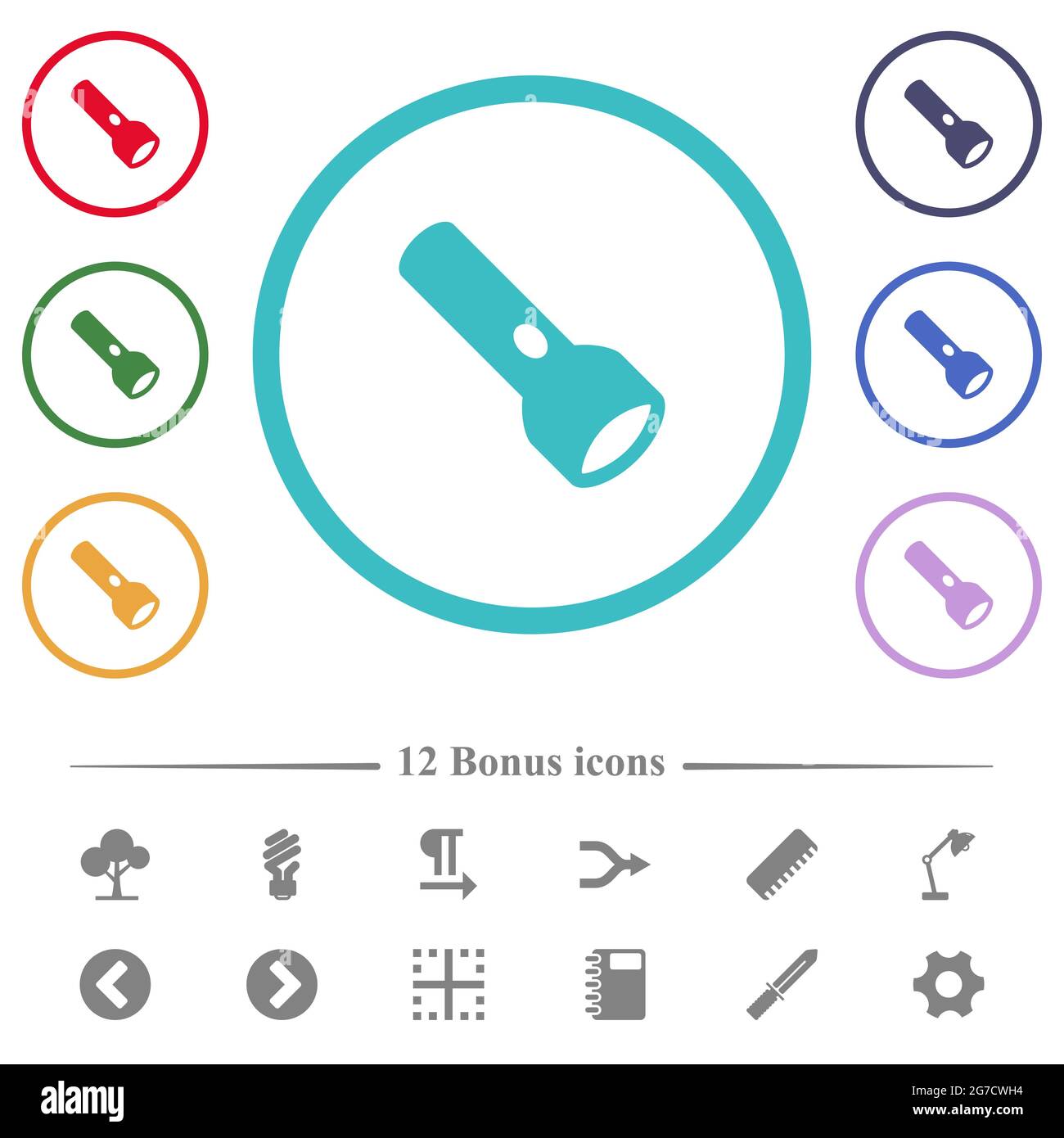 Flashlight flat color icons in circle shape outlines. 12 bonus icons ...