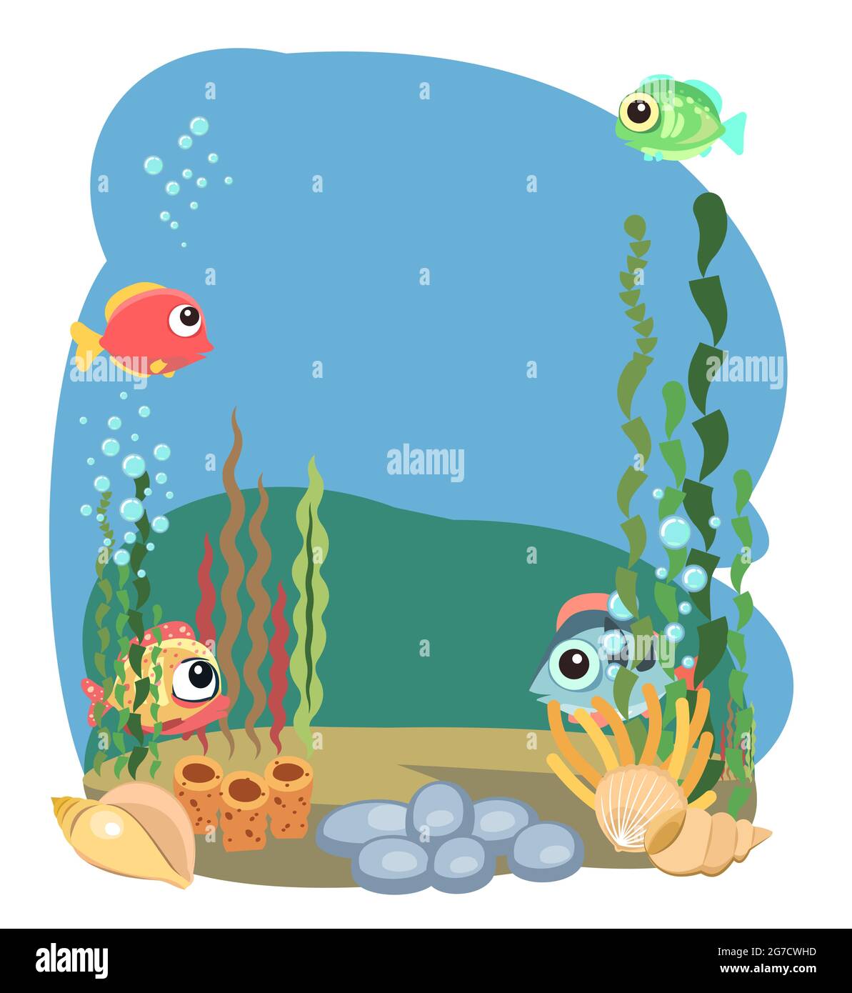 The bottom of the reservoir with fish. Blue water. Sea ocean. Isolared. Underwater landscape with animals, plants, algae and corals. Illustration in Stock Vector