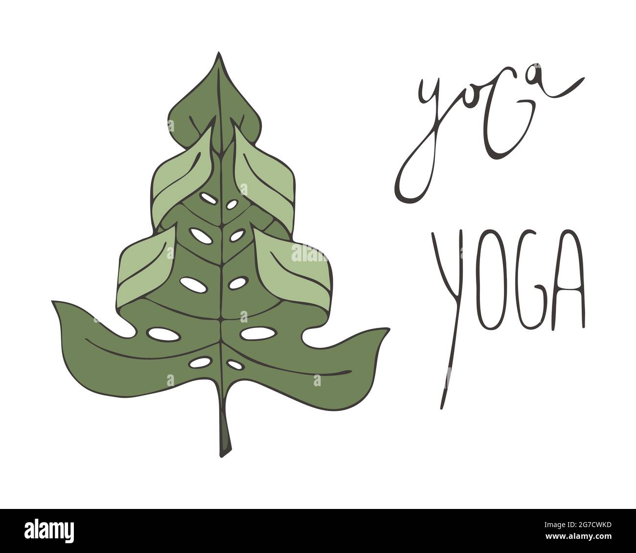 Yoga lettering, monstera leaf in yoga pose, hand drawing, doodling, logo, icon. Vector illustration Stock Vector