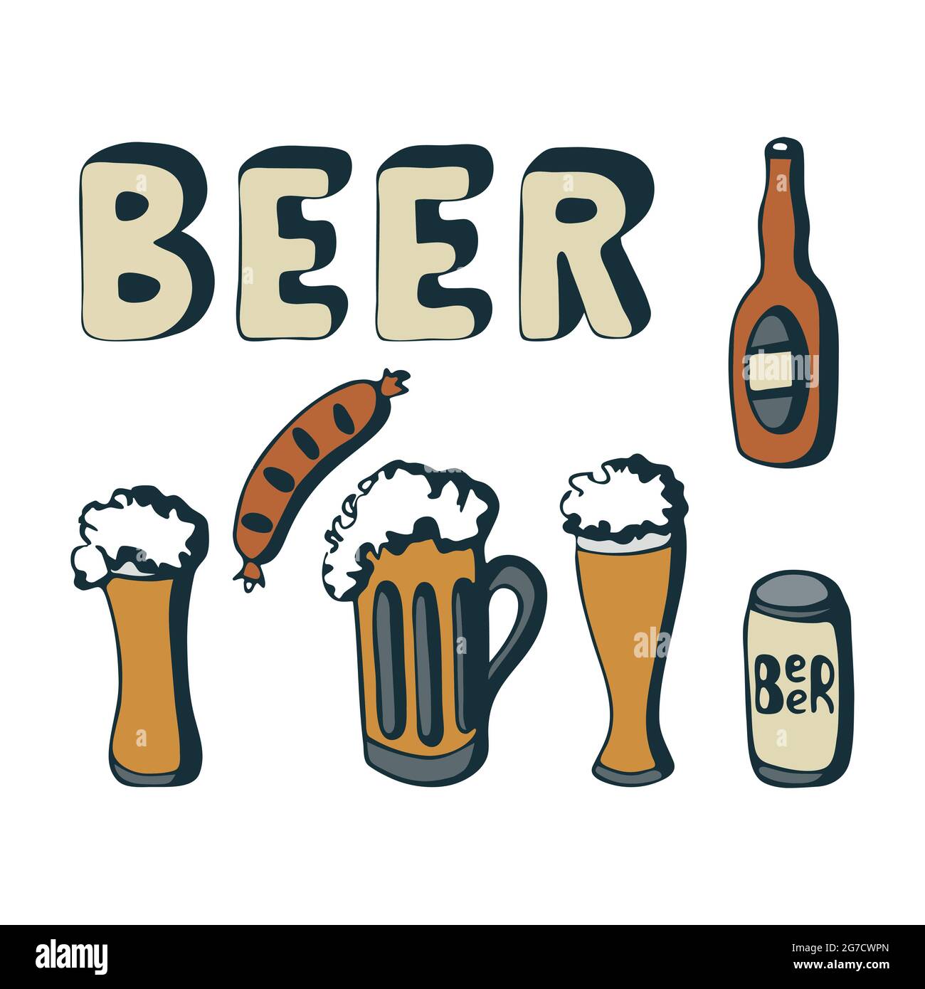 Beer set with lettering, glass of beer, sausage, can of beer, bottle, hand drawing doodling, stylized, isolated, on a white background. Vector illustration Stock Vector