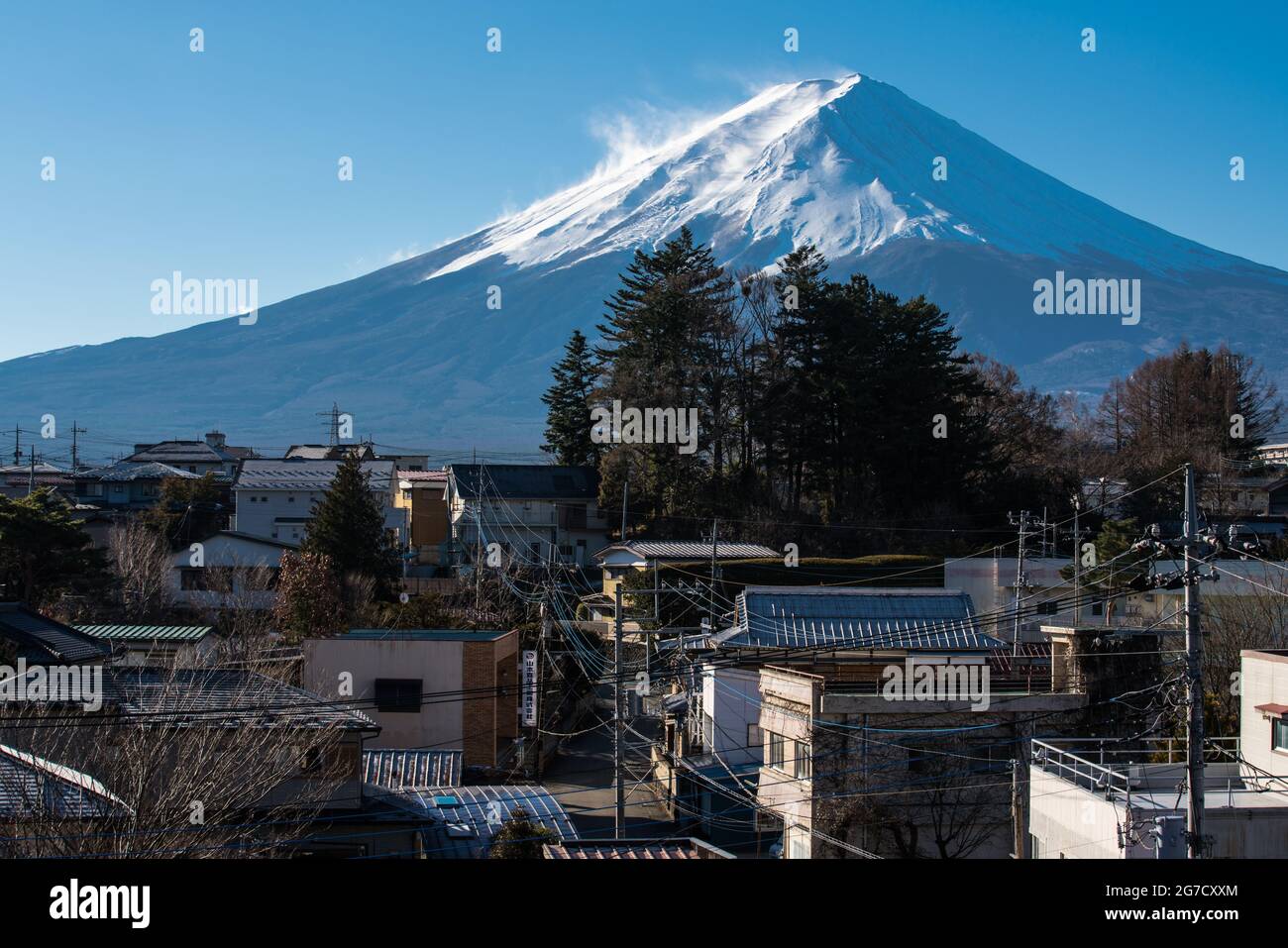 Morning view of Mount Fuji from Kawaguchiko town in Japan. Snow covered