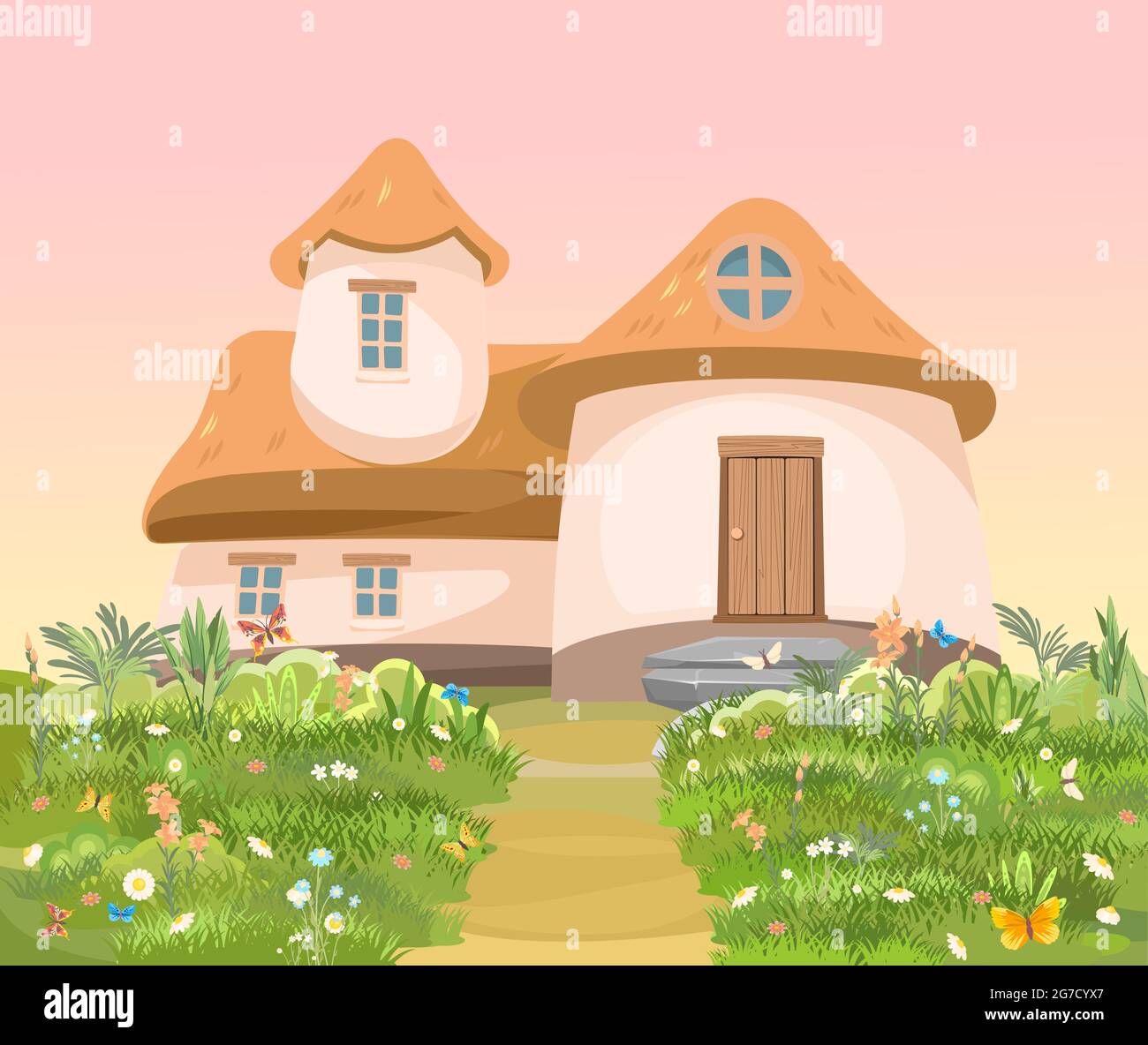Fabulous funny house in clearing. Straw roof. Grass flower meadow