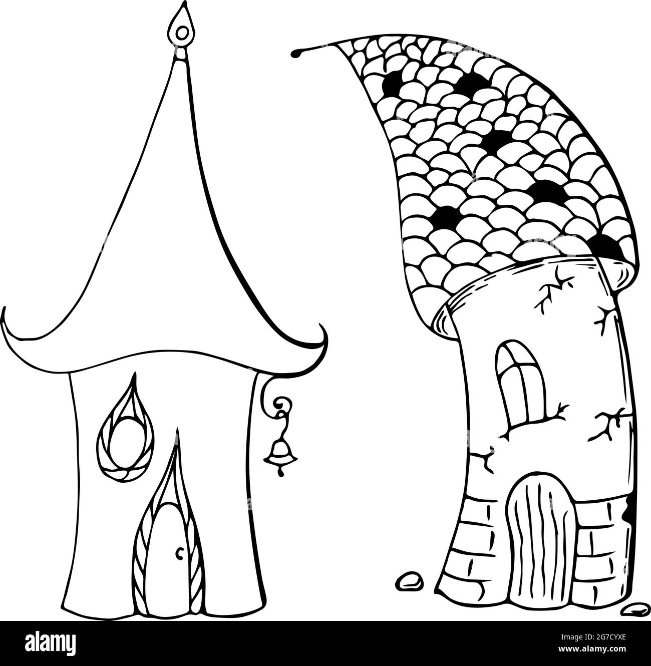 House fabulous childrens gnome cheerful and sad, contour black hand drawing on a white background, doodling. Vector illustration Stock Vector