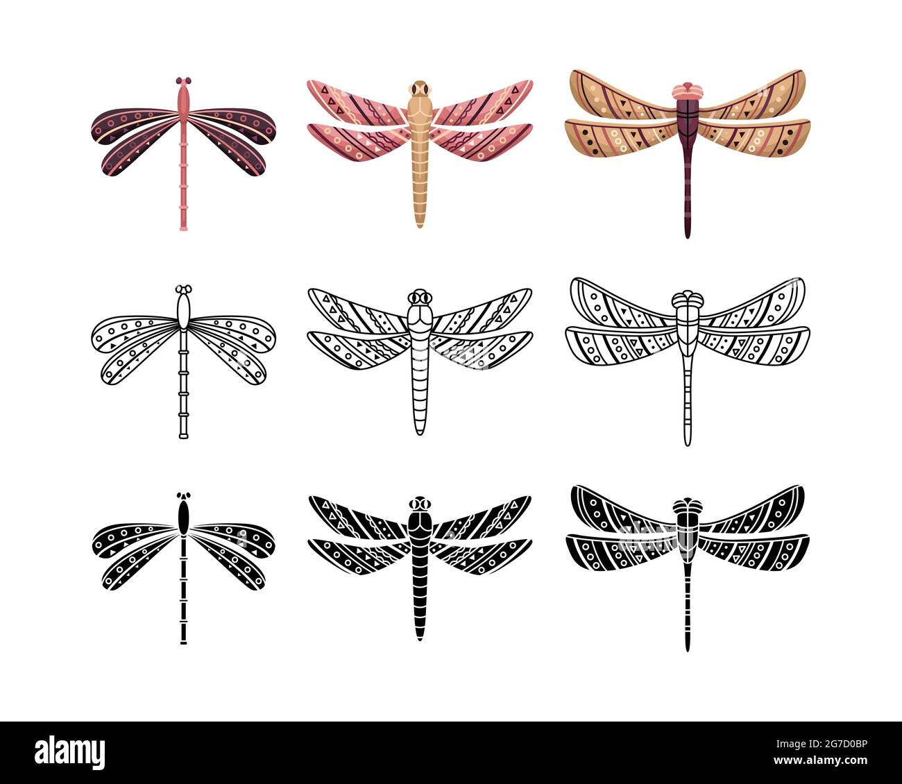 Boho set of dragonflies with geometrical patterns. Outline, flat and simple style. Stock Vector