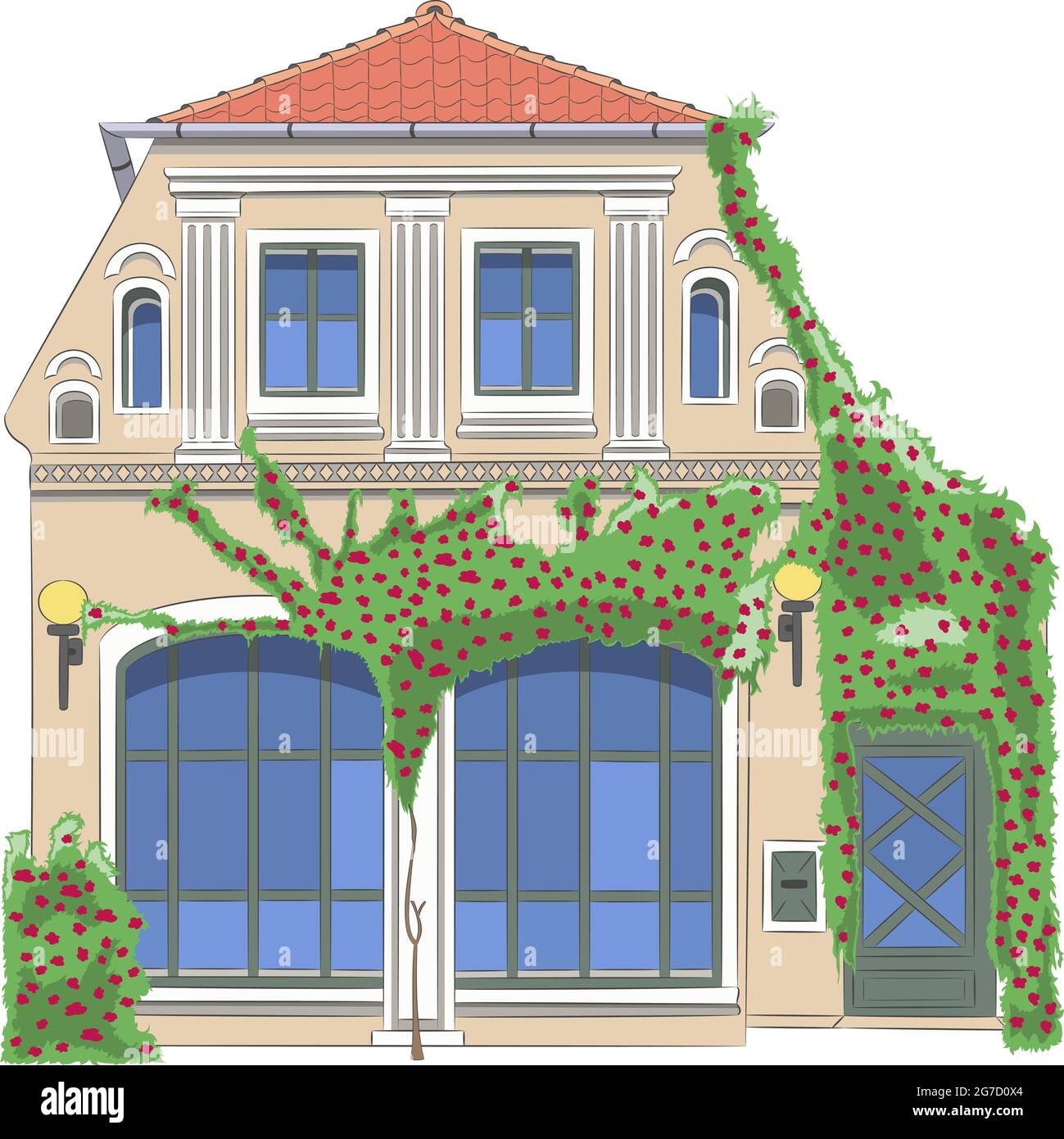 Traditional Belgian house with red flowers and green leaves on the facade. Brussels. Stock Vector