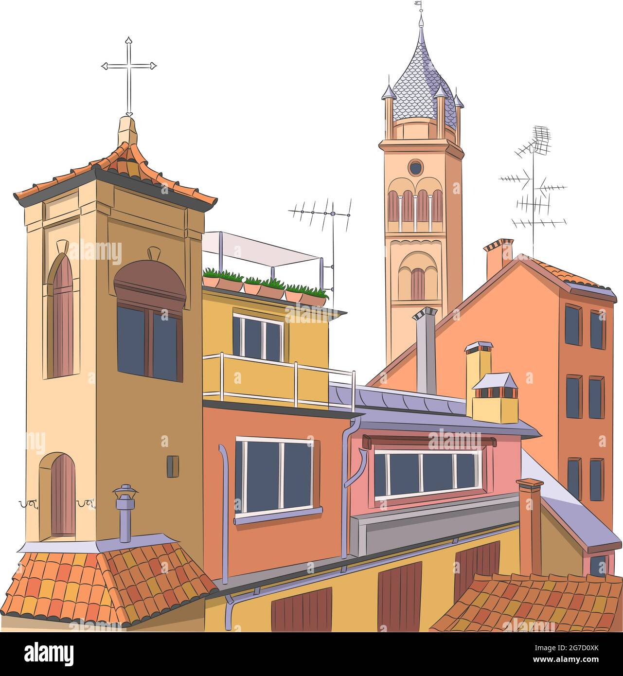 View of the bright multi-colored facades of the tiled roofs and the tower of the old city. Bologna. Italy. Stock Vector