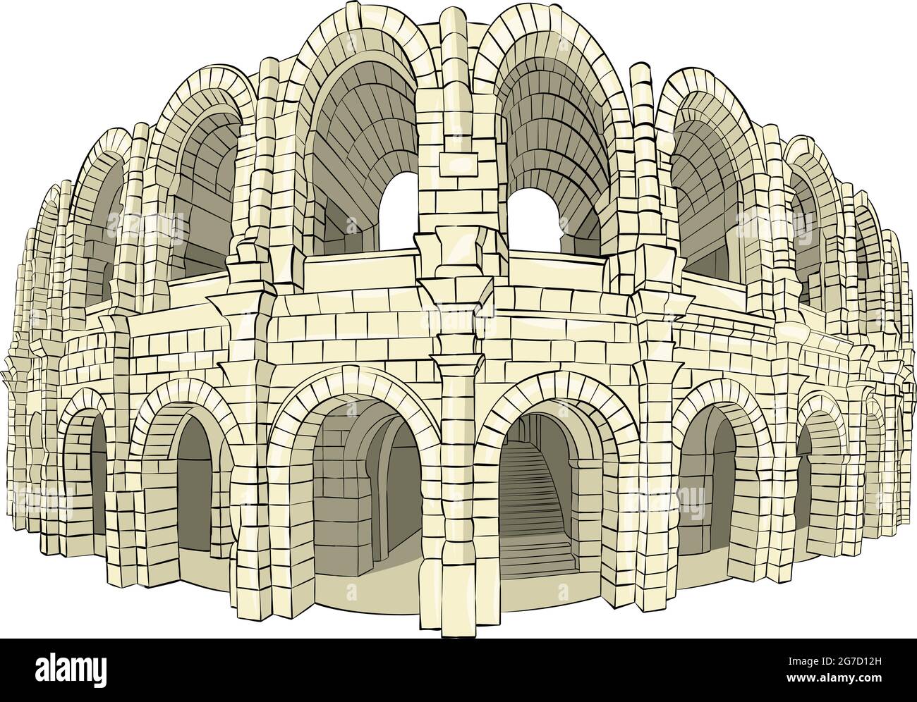 Vector illustration of the old stone coliseum arena in Arles. France. Provence. Stock Vector