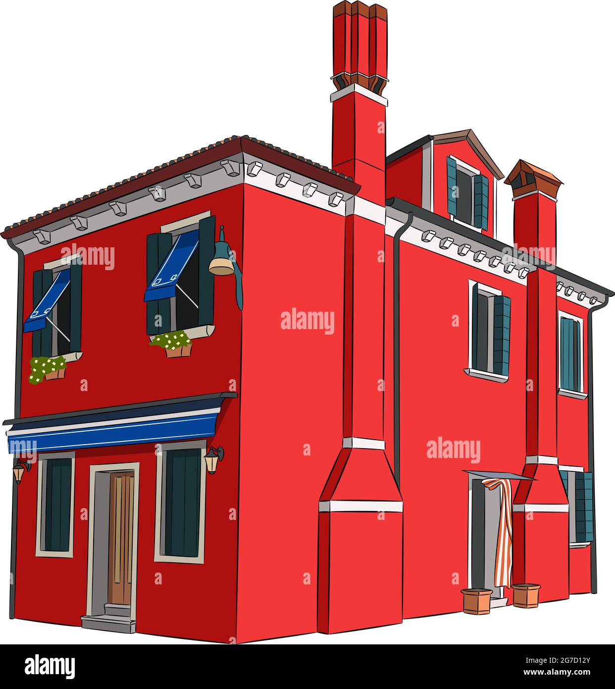 The bright red facade of a traditional house on the island Burano. Venice. Italy. Stock Vector