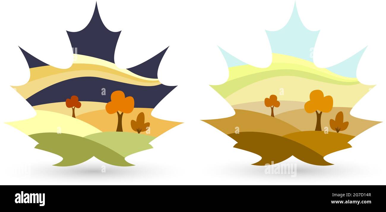 Autumn maple leaf with a landscape, nature drawing on a maple leaf. For your design. Stock Vector