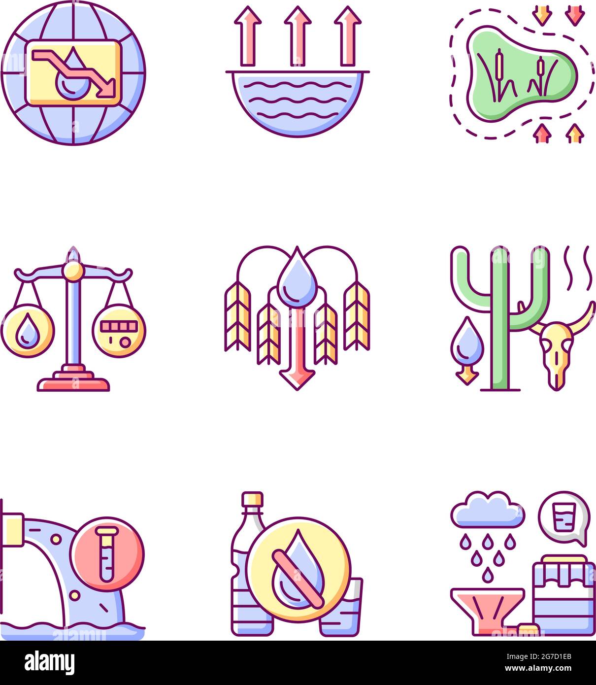 Water resources lacking RGB color icons set Stock Vector