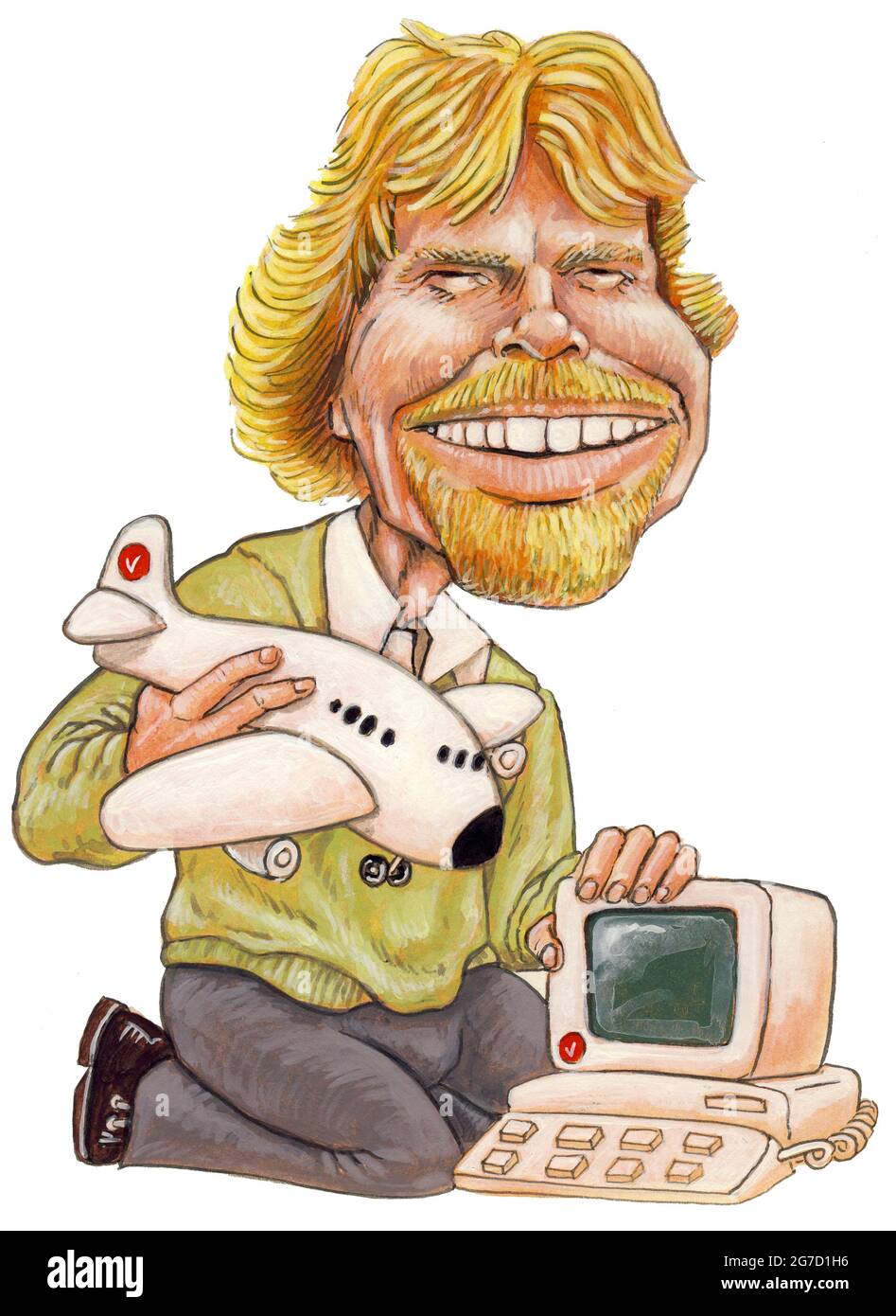 Caricature illustration of entrepreneur & billionaire Richard Branson, founder of Virgin. The Cartoon references his early games & airline businesses, Stock Photo