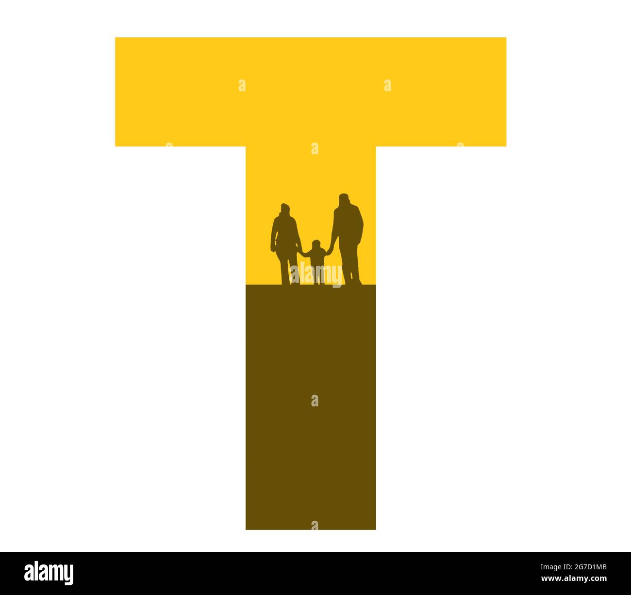 Letter T of the alphabet made with a silhouette of a family, father, mother and child, in the color ocher and brown Stock Photo