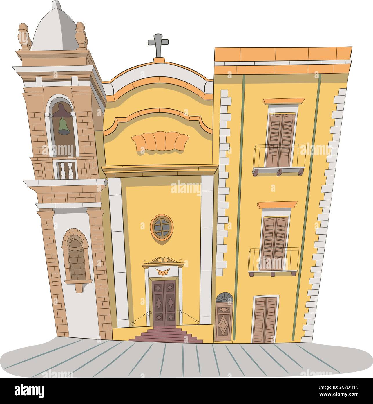 A traditional stone catholic church with a bell tower in the Sicilian town Castellammare del Golfo. Italy. Stock Vector