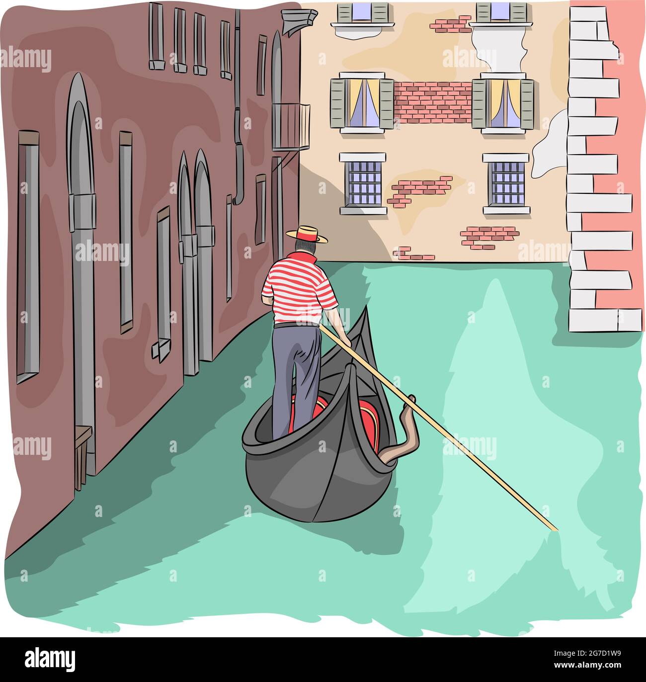 Vector illustration of a venetian gondolier with a paddle in a traditional boat gondola. Stock Vector