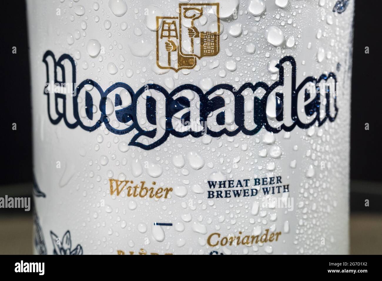 Tyumen, RussiaMay 25, 2021 Non alcoholic beer Hoegaarden aluminum can