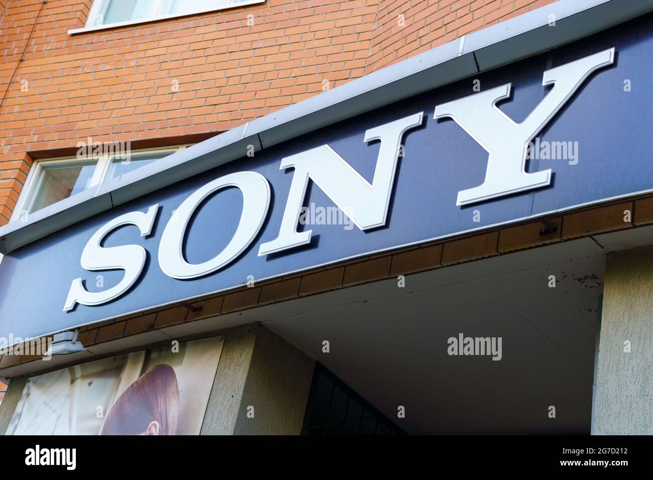 Tyumen, Russia-July 02, 2021: Sony logo. Sony is a Japanese corporation headquartered in Minato, Tokyo, Japan Stock Photo