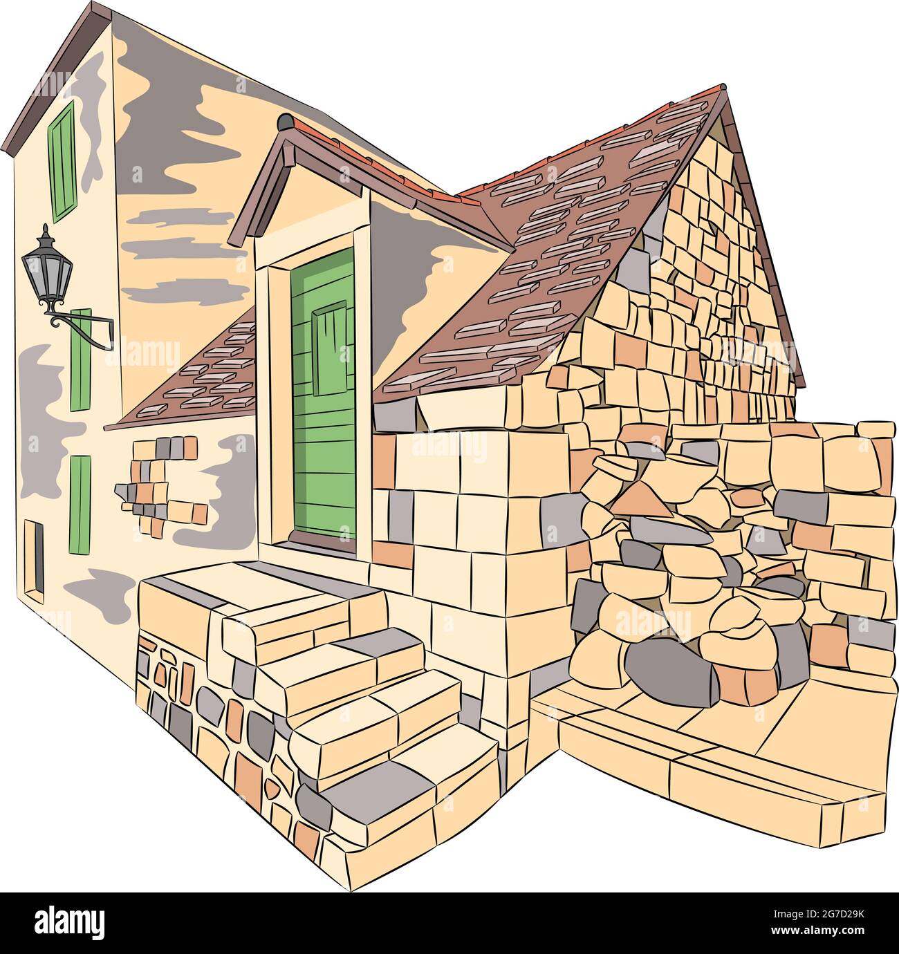 Traditional yellow stone medieval house. Omis. Croatia. Stock Vector