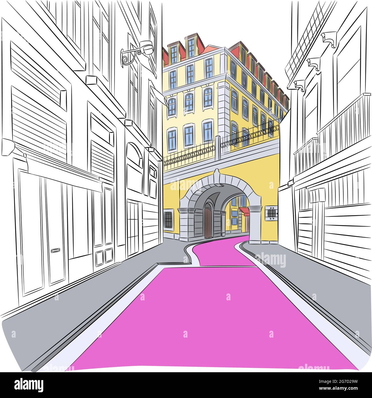 The popular pink street Rua Nova do Carvalho in the Cais do Sodre district in Lisbon, Portugal. Stock Vector