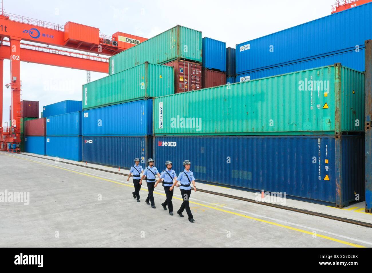 ZHOUSHAN, CHINA - JULY 13, 2021 - Police patrol at a chemical solid ...