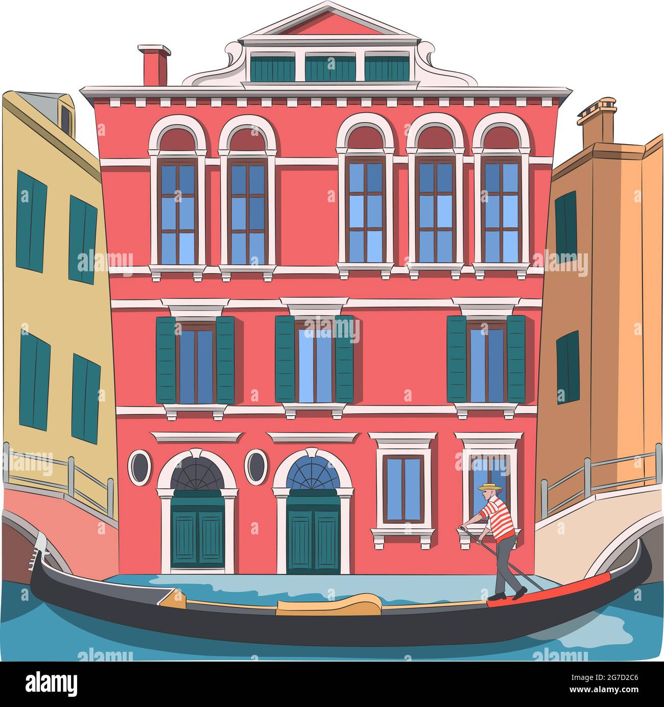 A gondolier in a gondola boat against the backdrop of traditional Venetian houses sails along the canal of Venice. Stock Vector