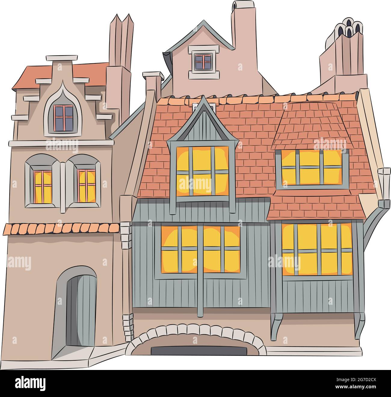 View of the facades of old traditional stone houses with tiled roofs. Bruges. Belgium. Stock Vector