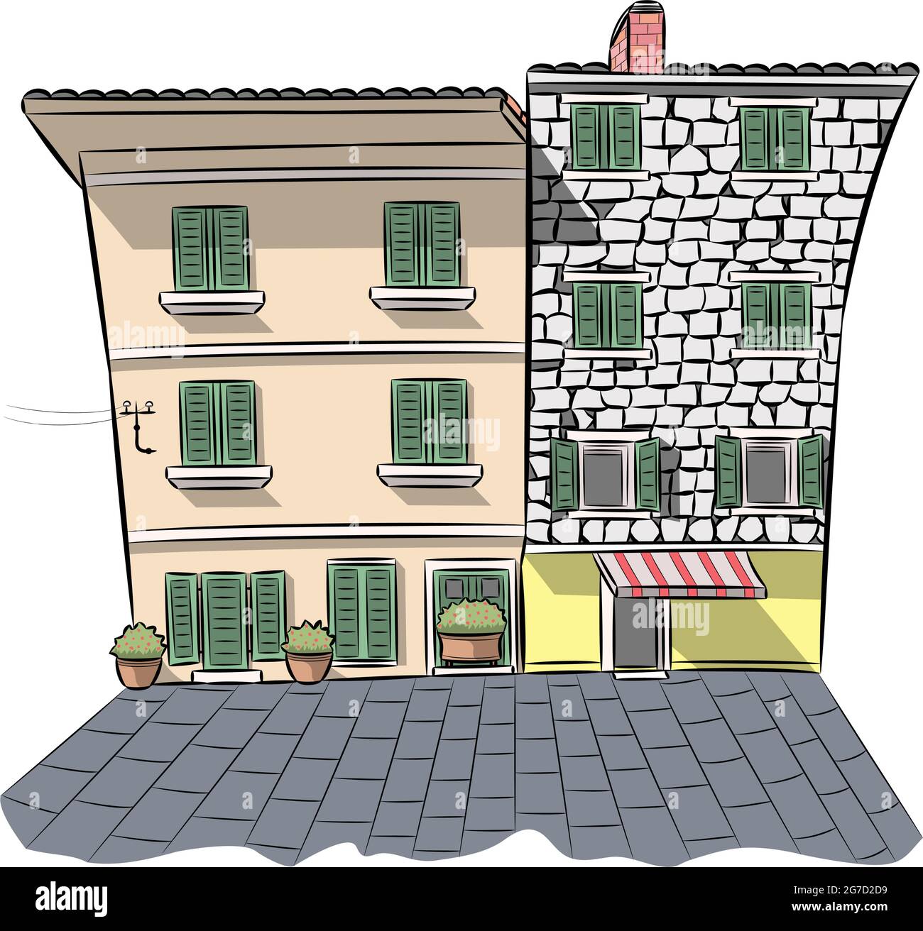 Vector illustration of multi-colored stone facades old houses and square in Omis. Croatia. Stock Vector