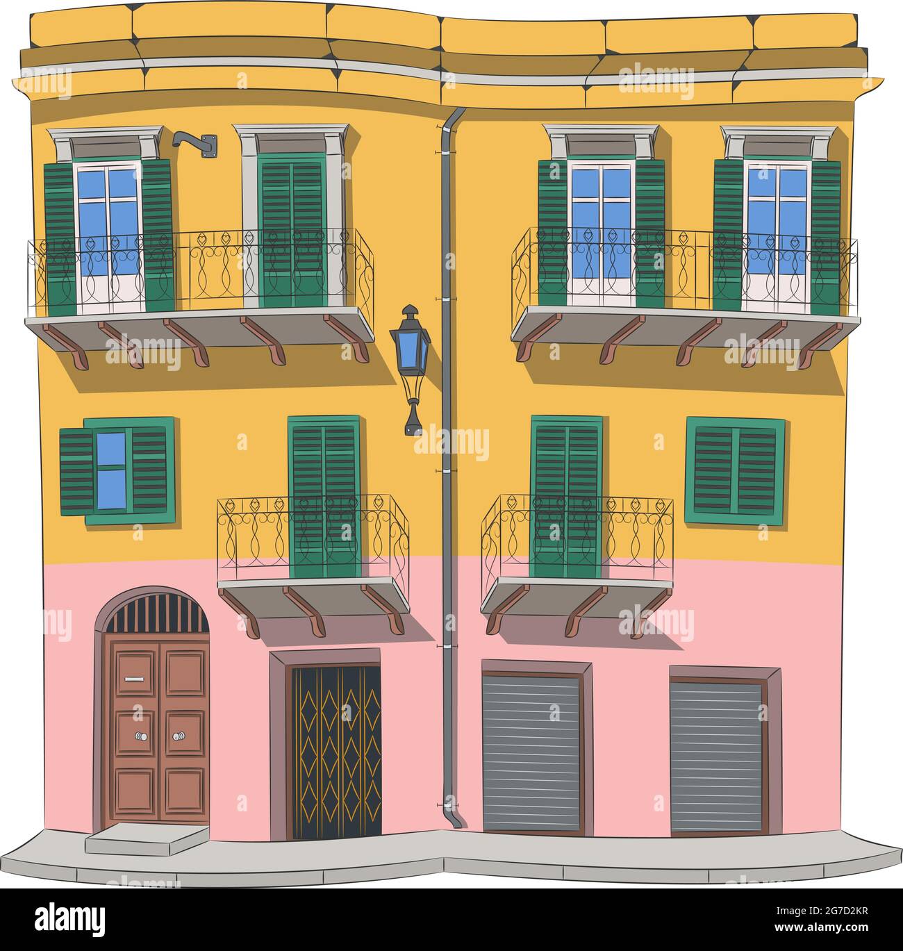 Traditional stone house painted in bright colors in Palermo. Sicily. Italy. Stock Vector