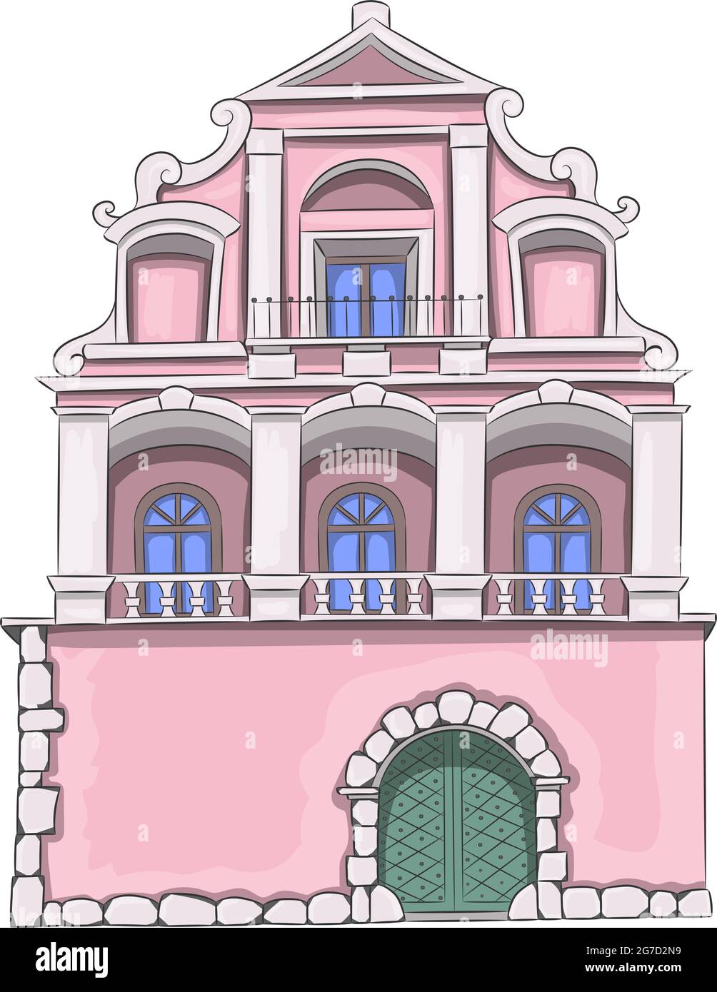Old pink mansion with green door isolated on white background. Stock Vector